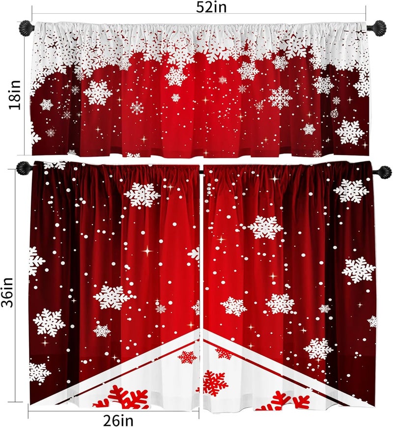 SUNWISHA Christmas Snowflake Curtain Valance Set - Red Gradient Dancing Snowflakes - Festive Kitchen/Bedroom Windows Decor - 52x18 & 36x26 inch - Image 2